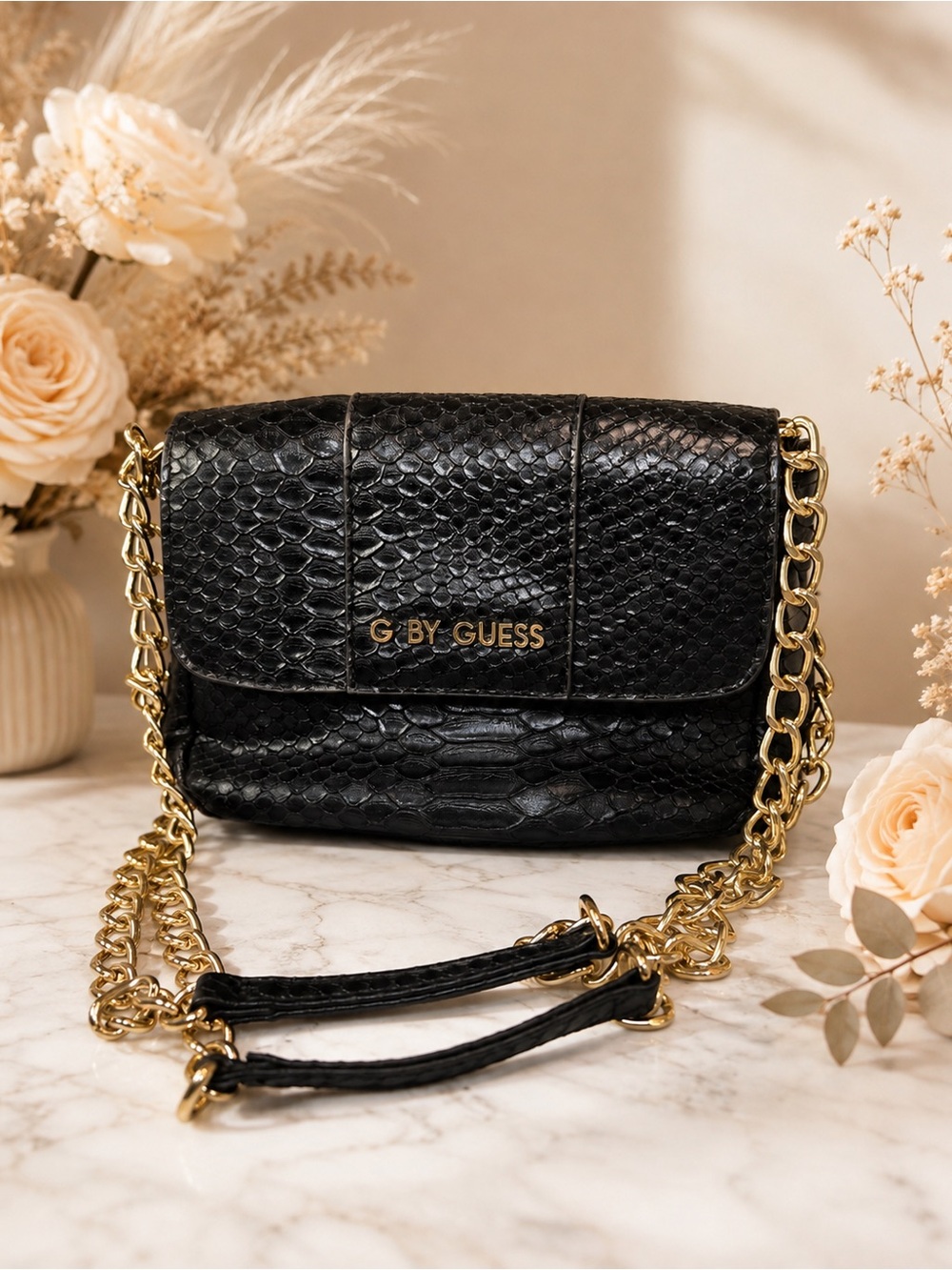 G by Guess Black Snake-Embossed Crossbody with Gold Chain Strap